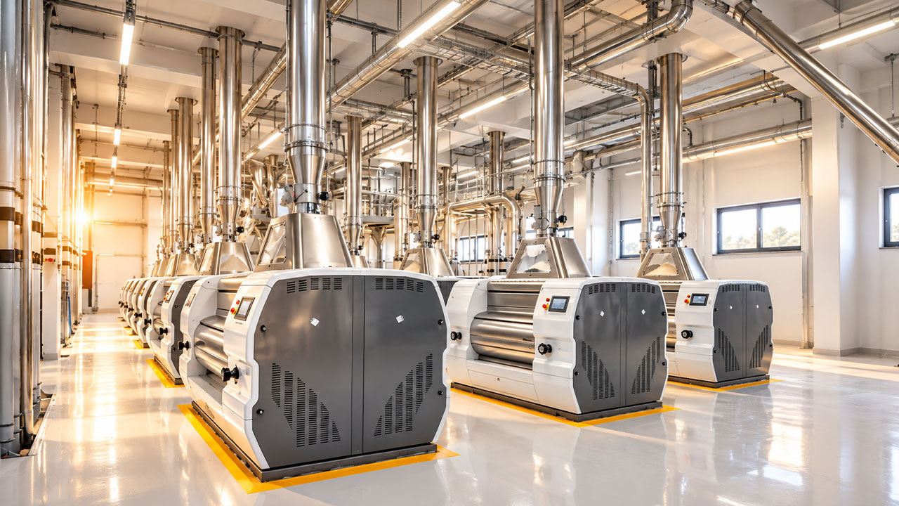 Modern four-floor flour mill with roller mills and sifters, high energy efficiency